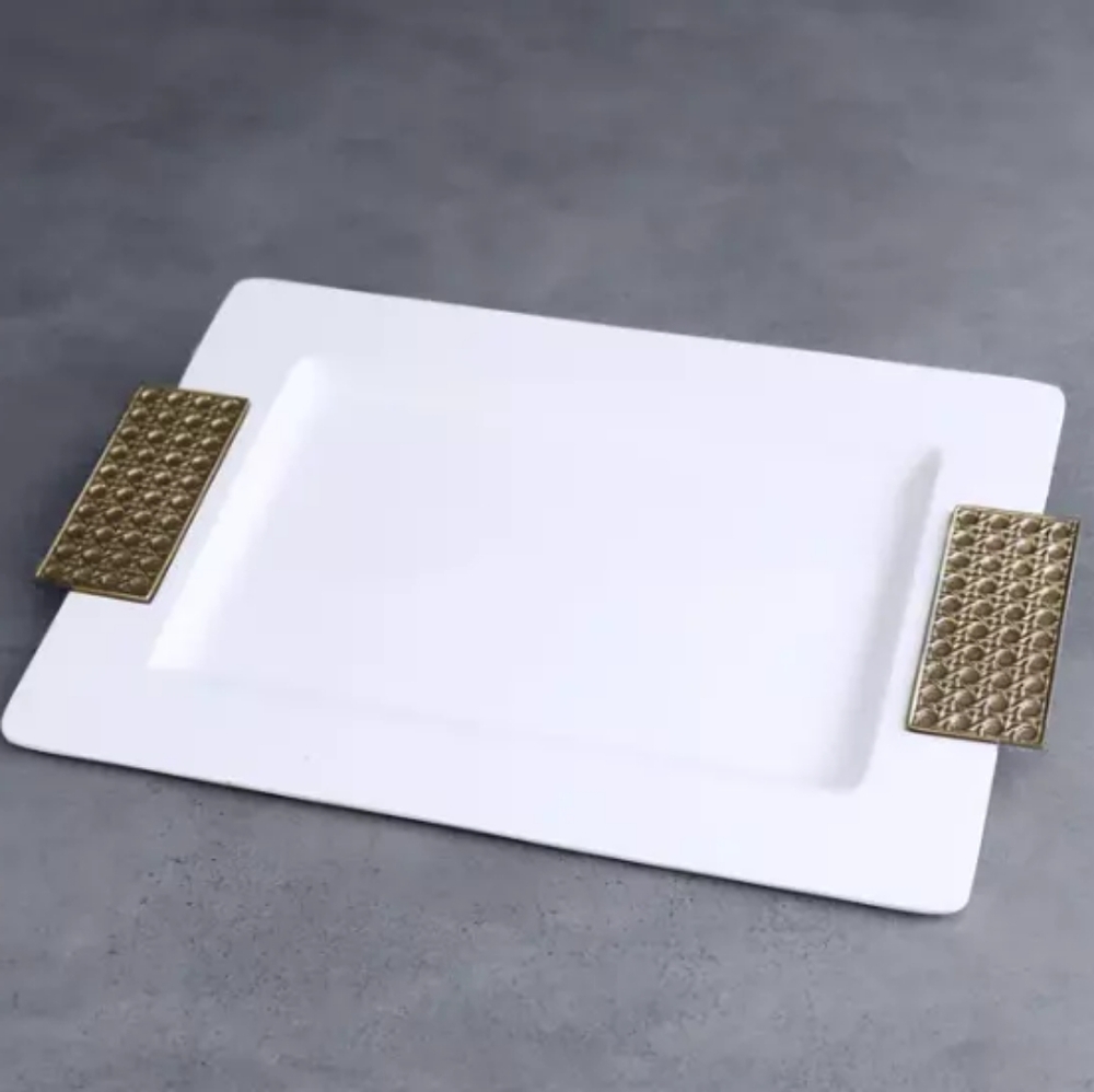 Beatriz Ball Rattan Large Tray White & Gold